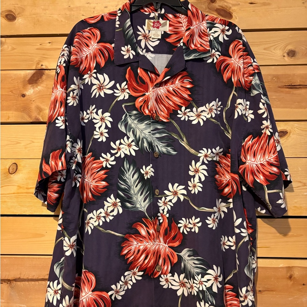 Hilo Hattie Navy Hawaiian Shirt with Red Floral Print